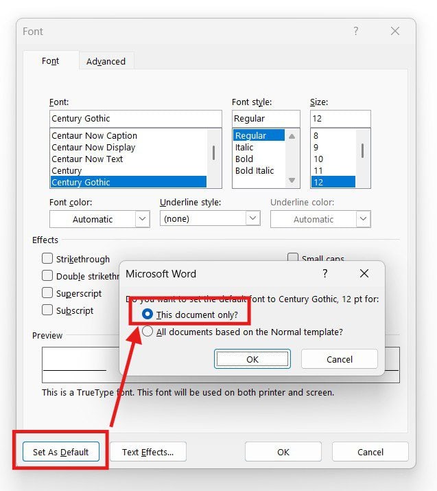Microsoft Word font dialog showing the Set As Default option and the choice between this document only or all documents