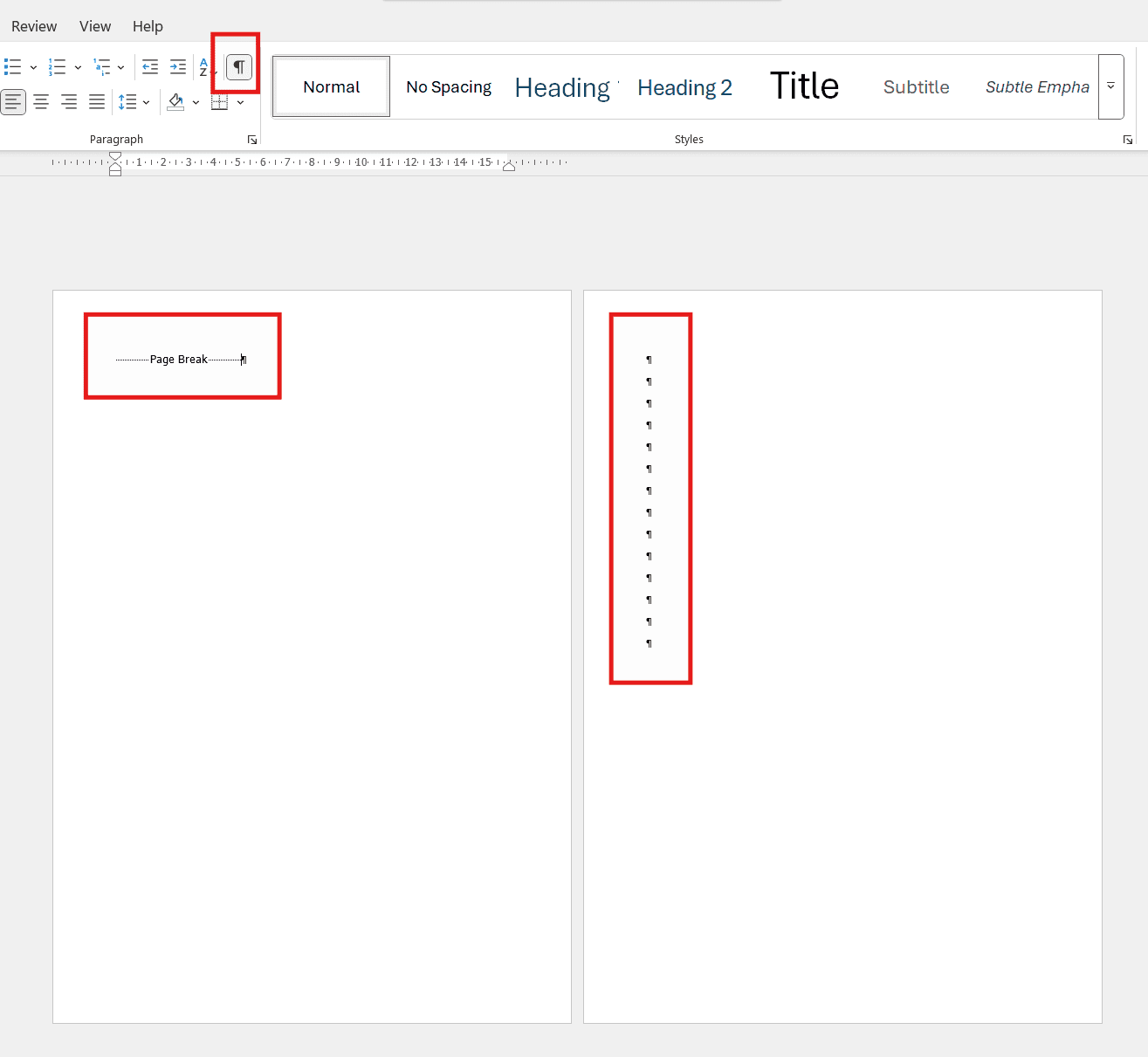 Show and Hide formatting marks in Microsoft Word to reveal page breaks and hidden paragraphs