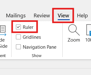 Microsoft Word View tab showing the Ruler option enabled