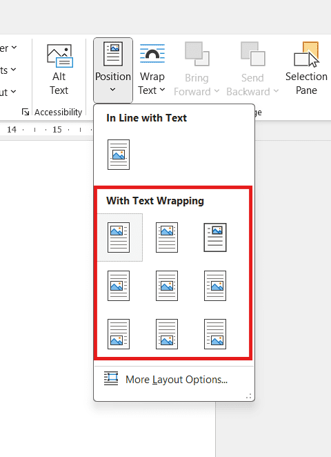 Microsoft Word Position menu showing text wrapping options