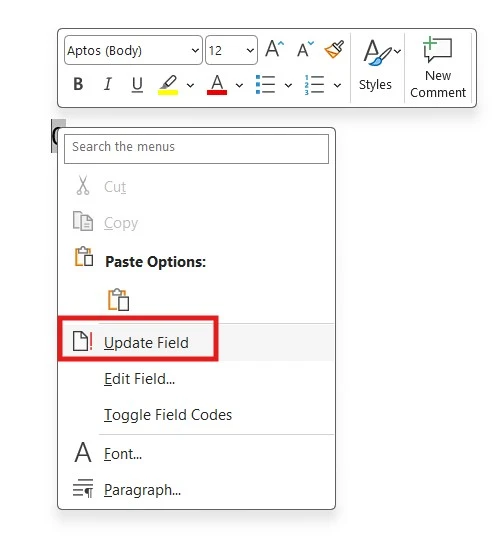 Screenshot showing the Update Field option when right-clicking a word count field in Microsoft Word