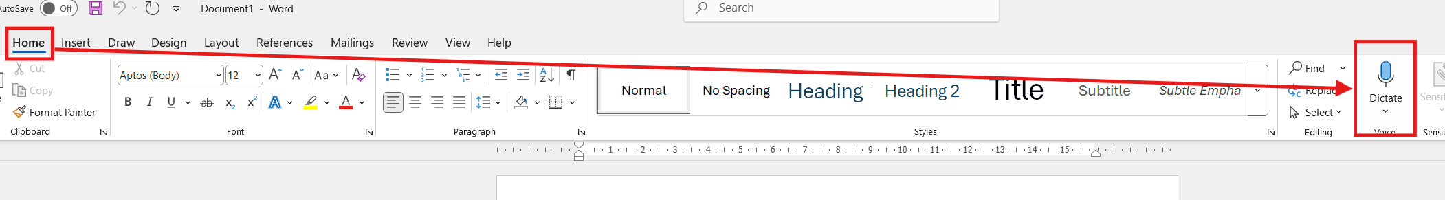 Microsoft Word ribbon showing the Home tab with the Dictate microphone button highlighted.