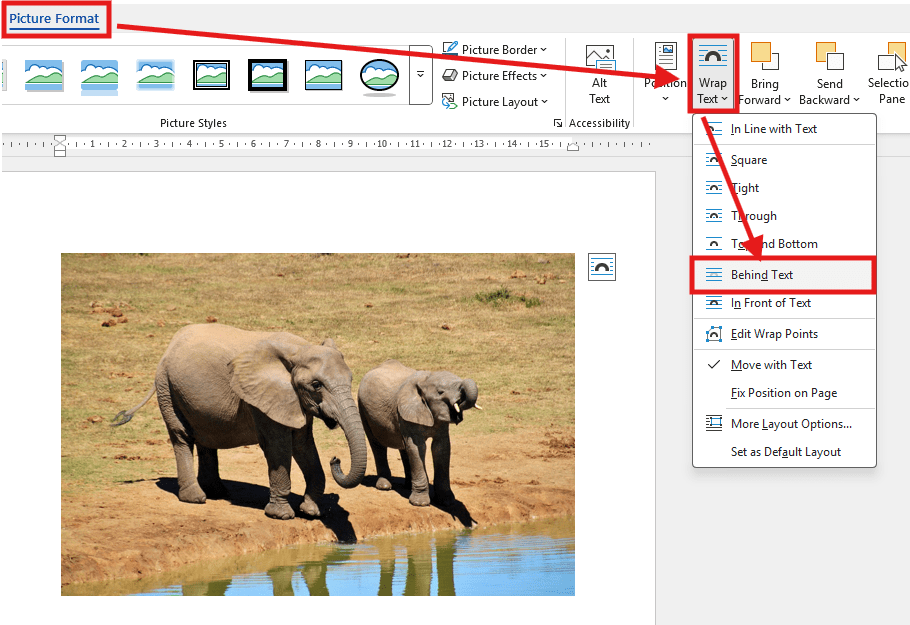 Microsoft Word Wrap Text menu showing the Behind Text option selected for an image