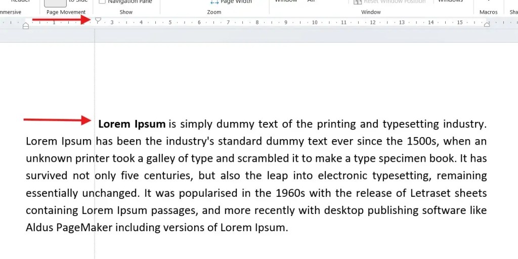 Dragging the first line indent marker to the right in Word