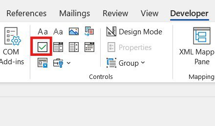 Check Box Content Control button - used to insert a check box in Word
