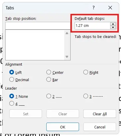 Default tab stop set to 1.27 cm in Word