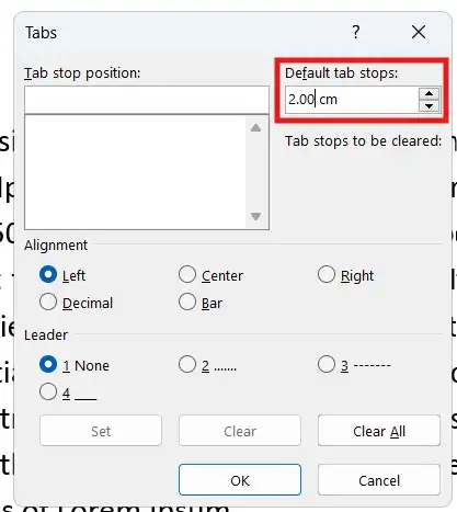 Changing default tab stops to 2 cm in Microsoft Word