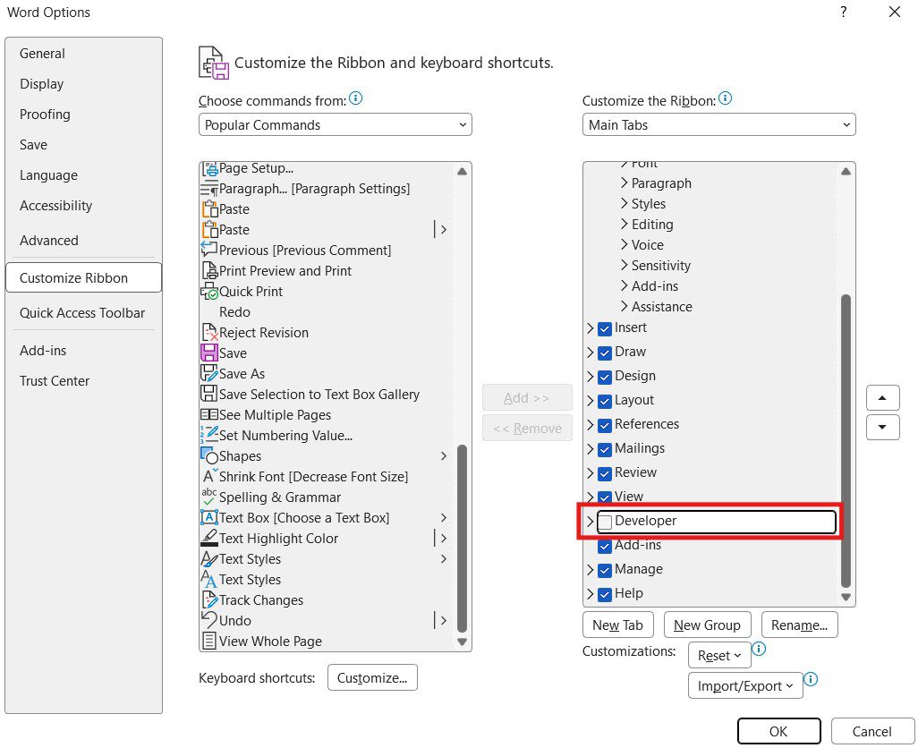 Developer tab disabled - needed to insert a check box in Word