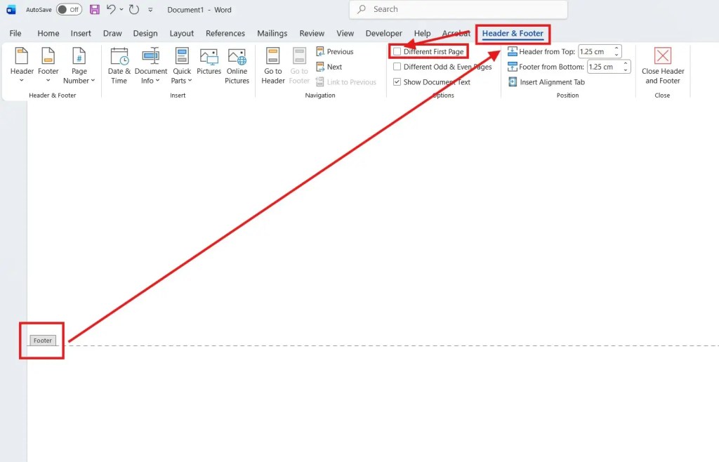 Unticking Different First Page in Microsoft Word footer settings