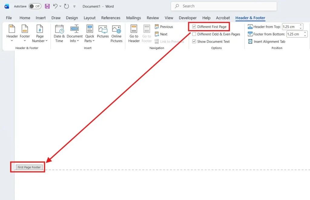 Ticking Different First Page in Microsoft Word footer settings