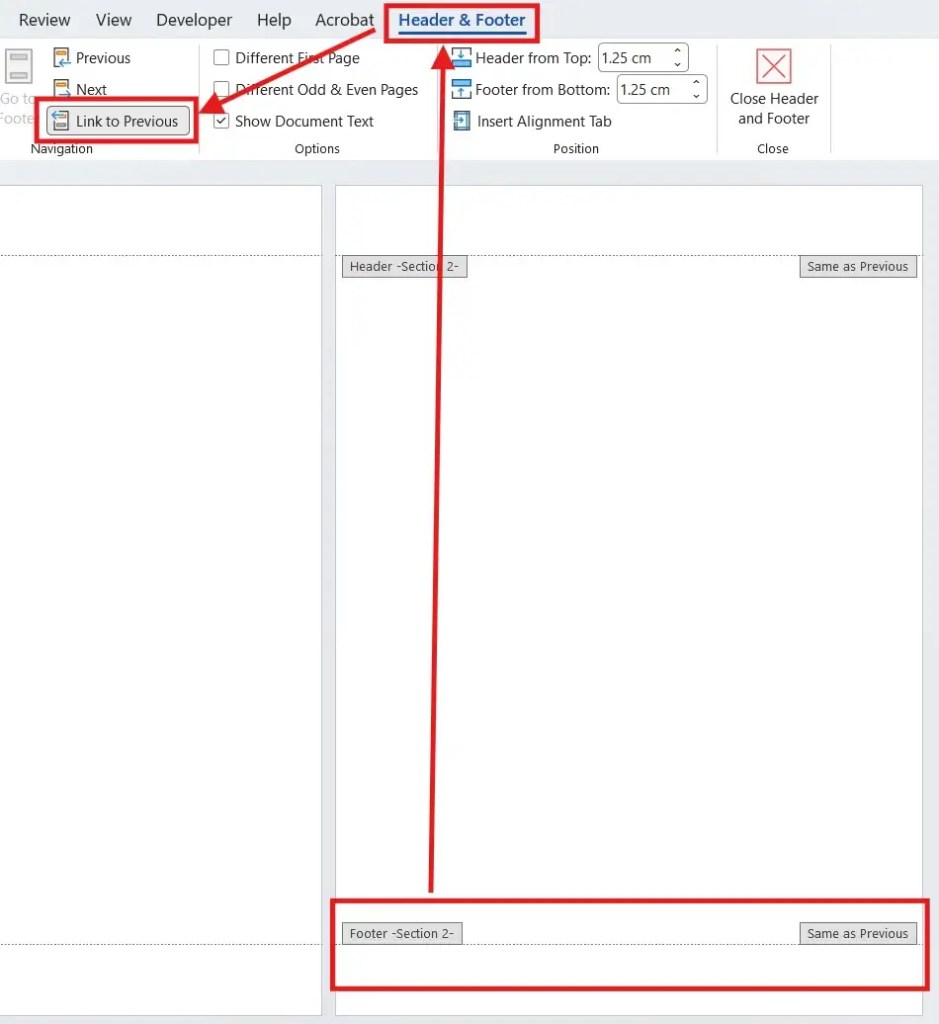 Footer linked to previous section in Microsoft Word showing same footer on multiple pages