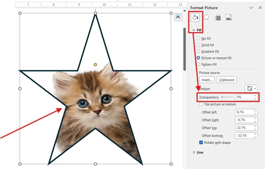 Image inside a shape with 0 percent transparency in Word