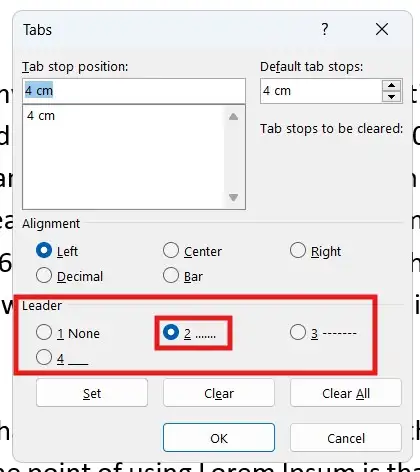Indent leaders using dots in Microsoft Word