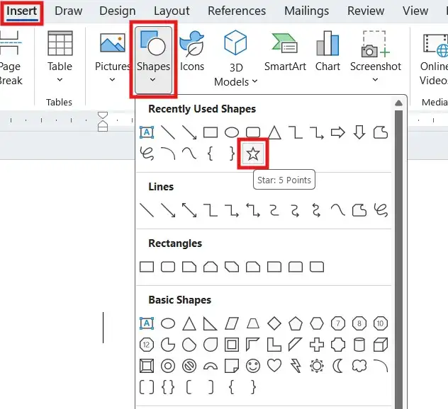 Insert a shape in Microsoft Word using the Shapes menu