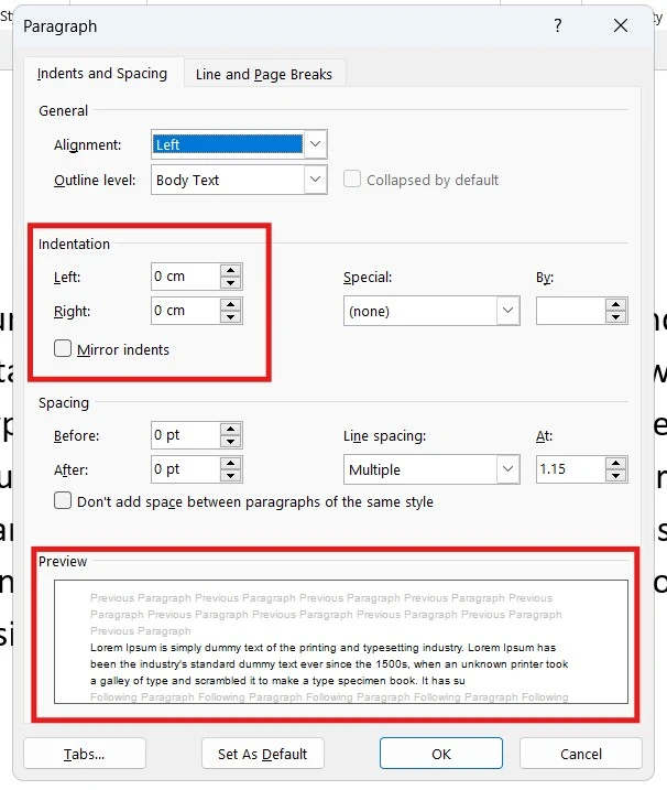 Left and right indentation settings with preview pane in Microsoft Word