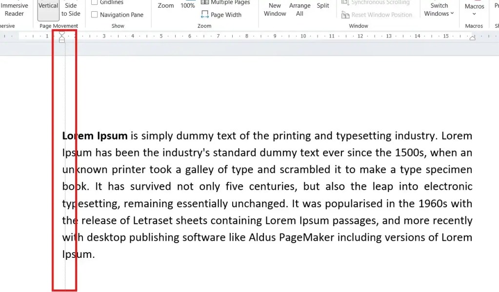 Vertical guide line showing left indentation in Microsoft Word