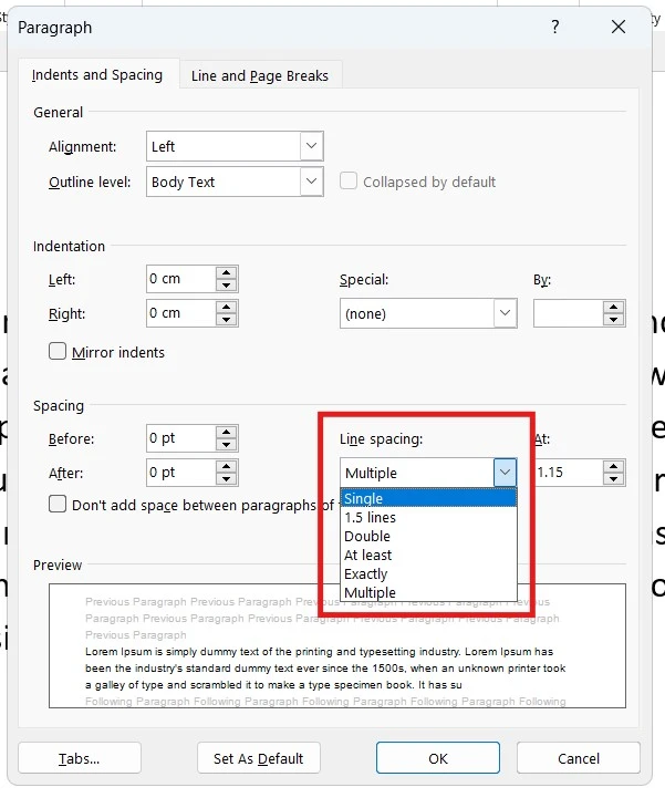 Line spacing options in Microsoft Word