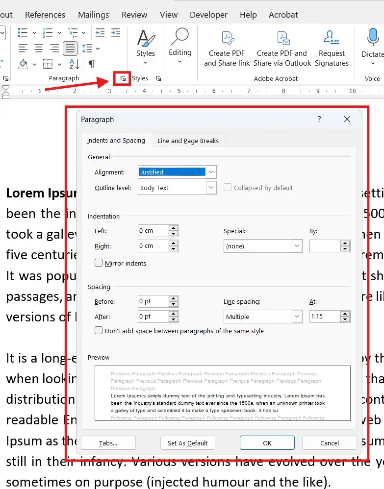 Tabs button in the Paragraph settings dialog in Word