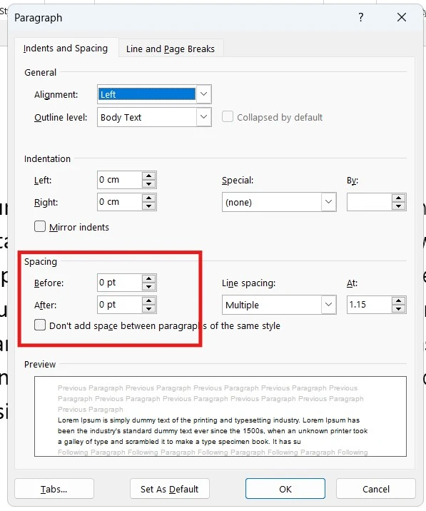 Before and after paragraph spacing settings in Microsoft Word