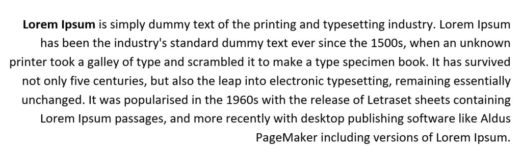 Example of right aligned paragraph text in Microsoft Word