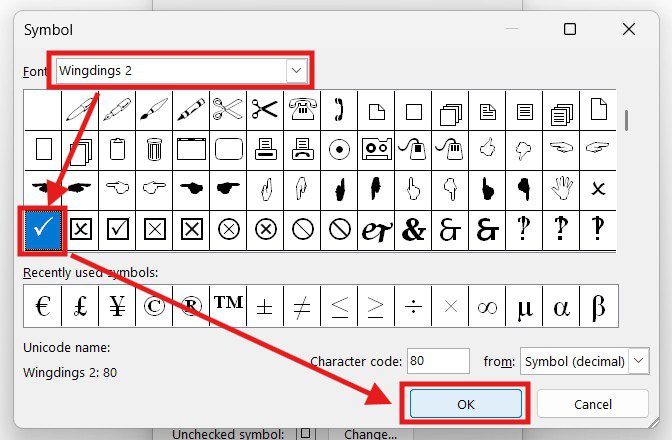 Selecting a tick symbol from Wingdings 2 for the check box in Word