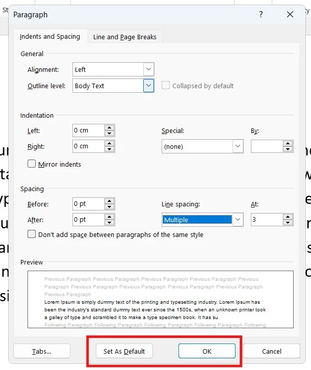 Set As Default and OK buttons in the Word Paragraph dialog