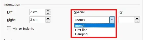Special indentation options in Microsoft Word paragraph settings