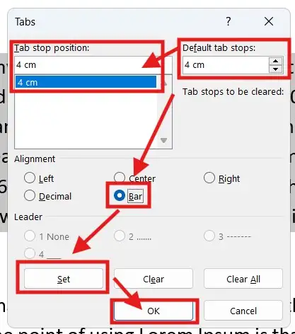 Setting a 4 cm tab stop with bar alignment in Word