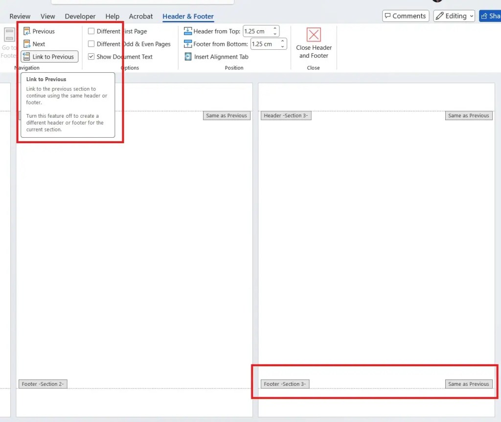 Third page footer linked to previous section in Microsoft Word