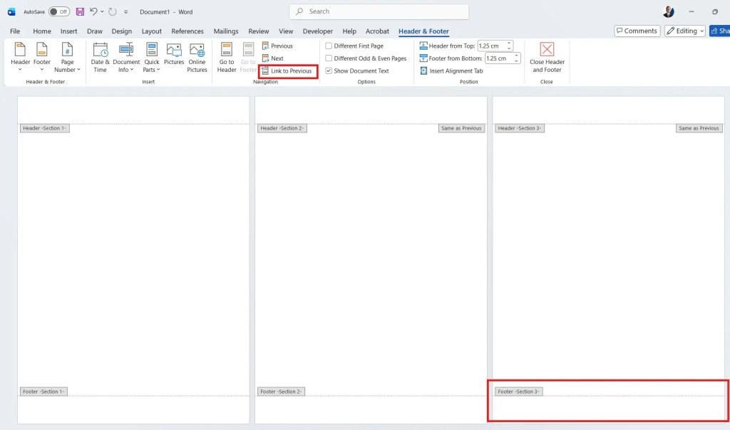 Third page footer unlinked from previous section in Microsoft Word