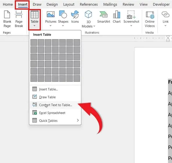 Microsoft Word Insert tab showing convert text to table option with arrow pointing to the feature