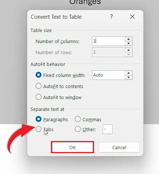 Convert Text to Table dialog box in Microsoft Word showing columns, rows, and tab separation option selected