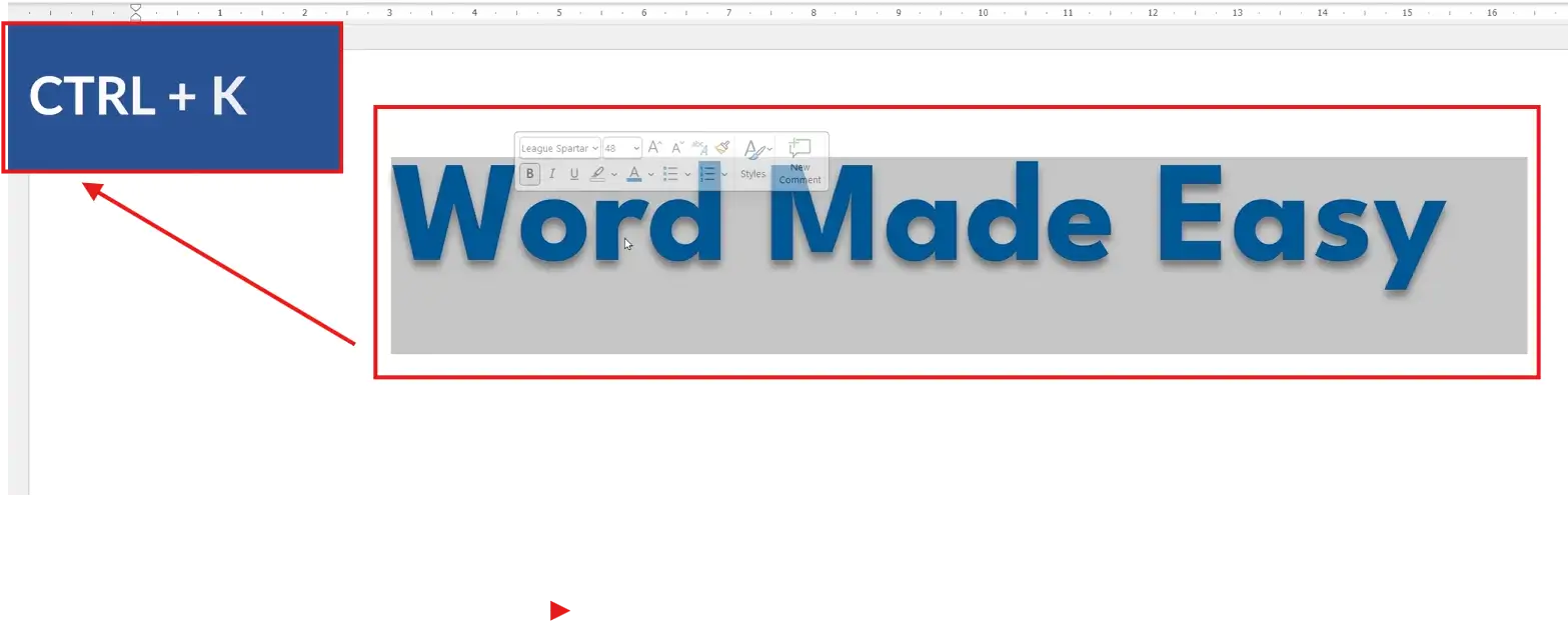 Screenshot showing Ctrl + K shortcut in Microsoft Word to insert hyperlinks quickly with “Word Made Easy” banner