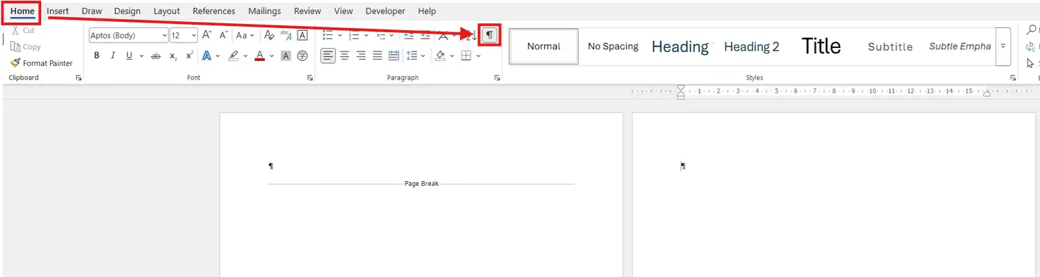 Microsoft Word interface showing Home tab and page break symbol for deleting an extra blank page