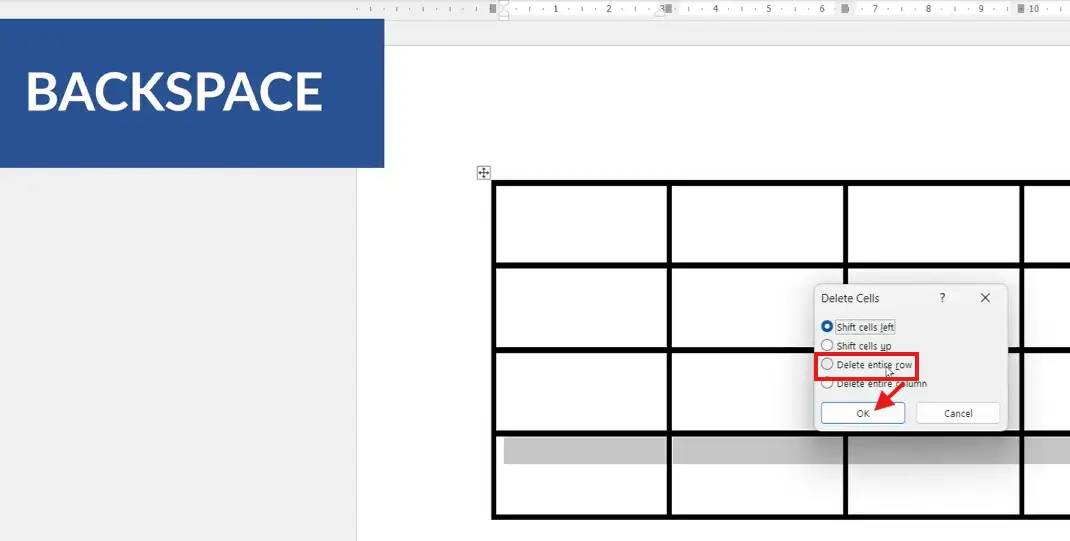 Word table with Delete Cells dialog showing Delete entire row option for the Backspace shortcut method