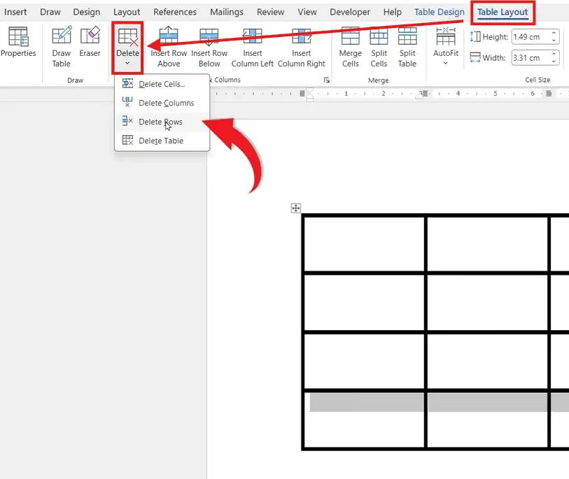 Word Table Layout tab with Delete Rows option highlighted in the ribbon to delete a row in a table in Word