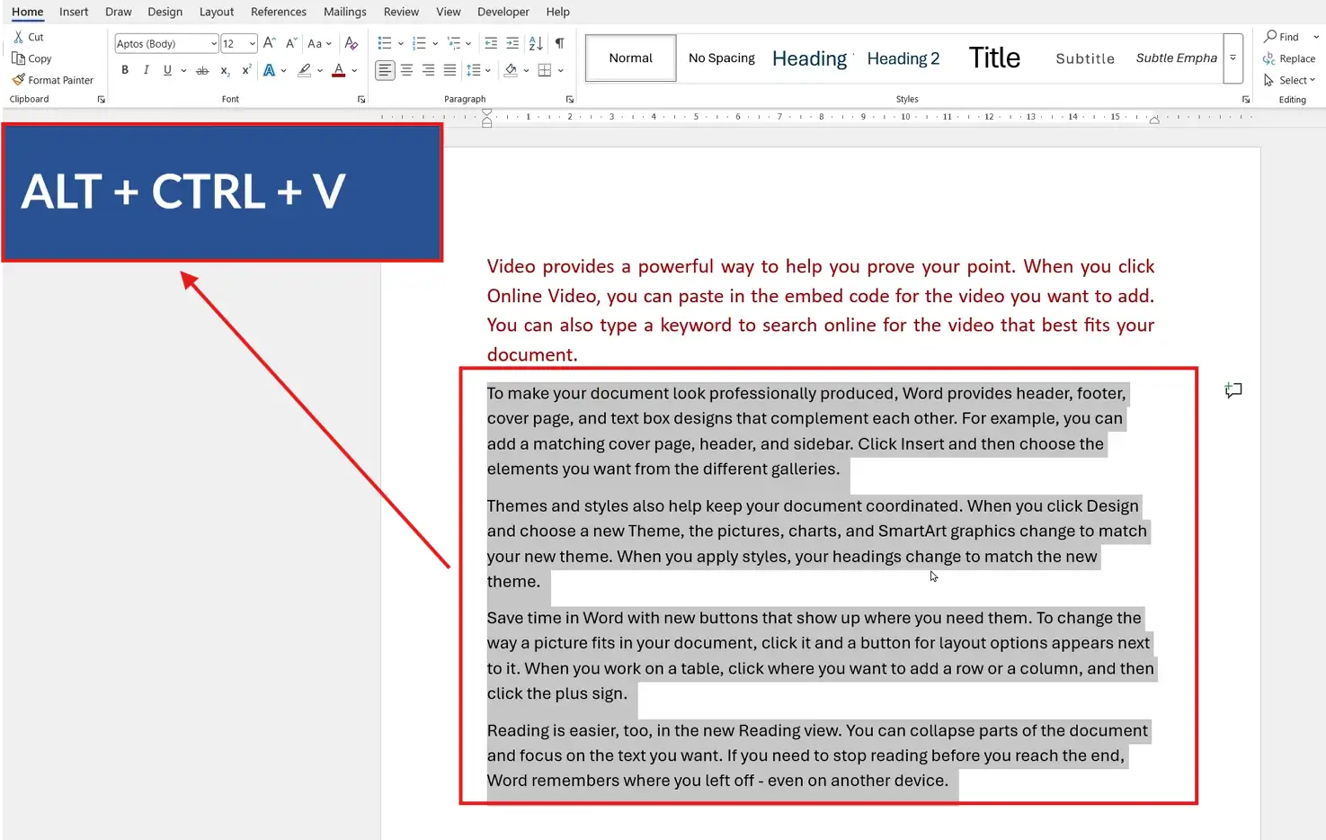 Microsoft Word screen showing ALT CTRL V shortcut to paste formatting with Format Painter highlighted text example