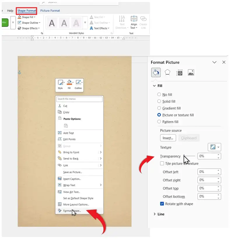 Format Picture panel in Microsoft Word showing transparency settings and picture or texture fill option for background images