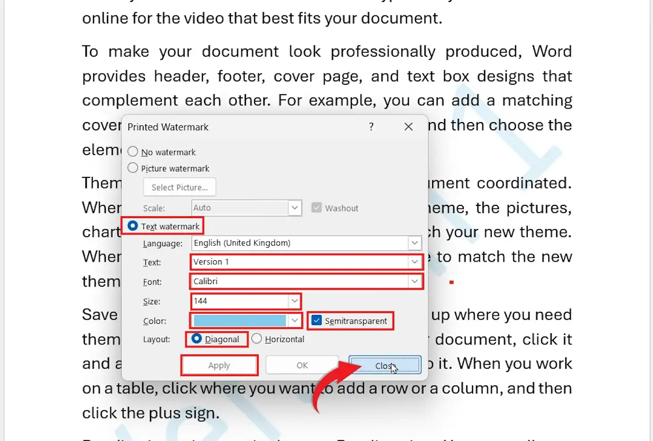 Microsoft Word printed watermark settings window showing text watermark options like font, size, color, and diagonal layout selection