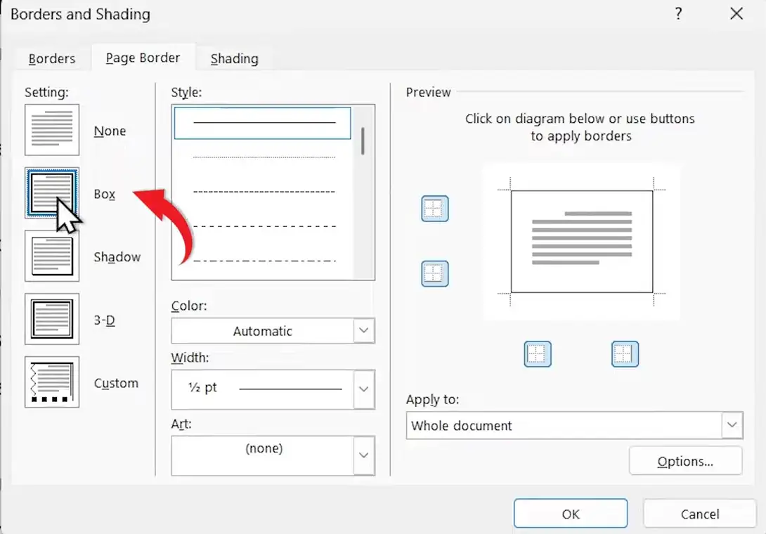 Borders and Shading settings in Microsoft Word showing Box page border option selected