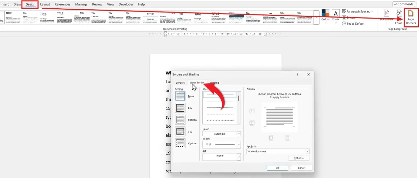 Microsoft Word design tab showing page borders option and borders and shading settings window