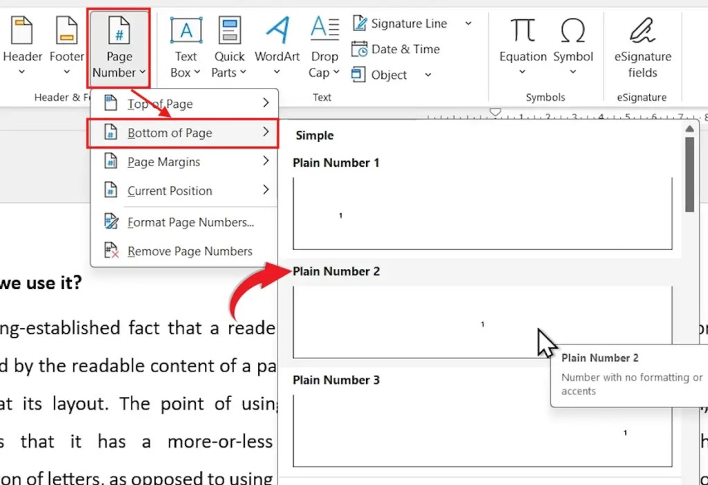Microsoft Word Page Number menu with Bottom of Page option selected and different page number styles displayed.