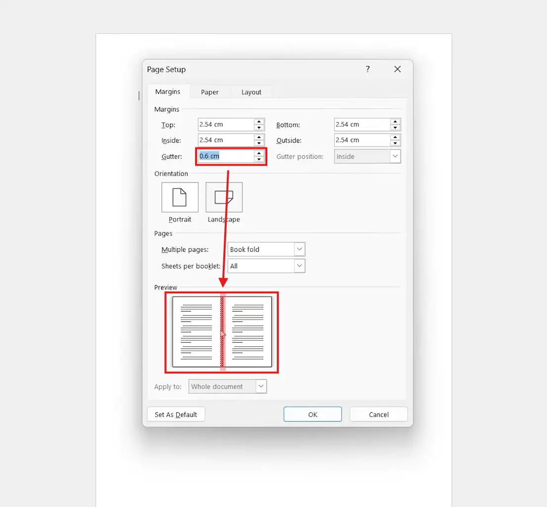 Microsoft Word Page Setup showing gutter margin setting and book fold preview for booklet formatting