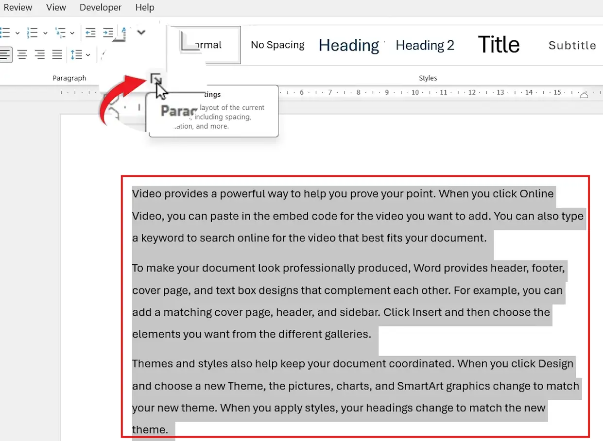 Microsoft Word Home tab showing the Paragraph dialog box launcher arrow used to adjust line spacing settings