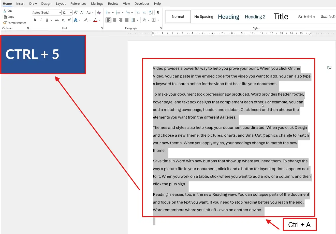 Microsoft Word document showing Ctrl + 5 keyboard shortcut applied after Ctrl + A to set 1.5 line spacing