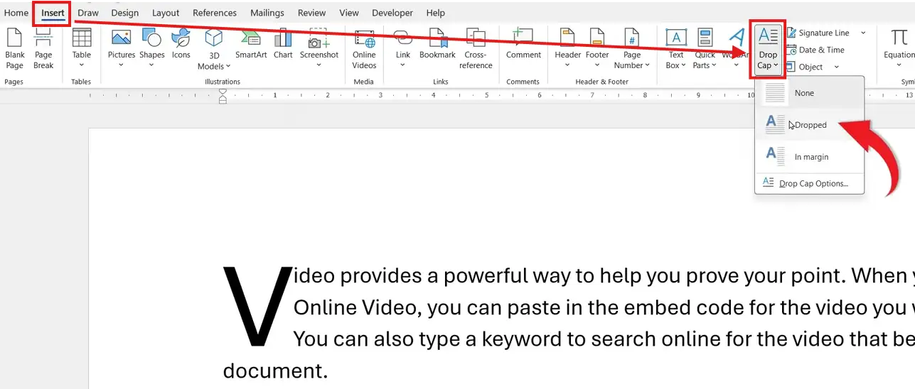Screenshot of Microsoft Word showing the Drop Cap menu with the Dropped option selected and a large first letter applied to a paragraph.