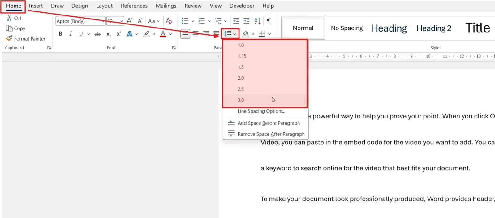 Microsoft Word Home tab showing Line and Paragraph Spacing dropdown with 1.0, 1.5, 2.0, and 3.0 options for line spacing in Word