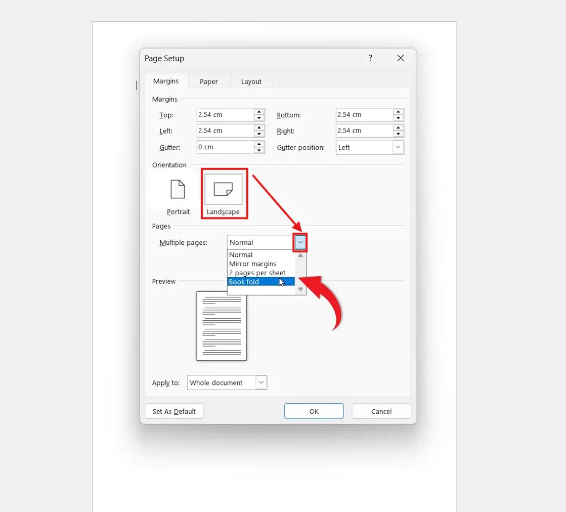 Microsoft Word Page Setup window showing landscape orientation and book fold option selected for booklet printing