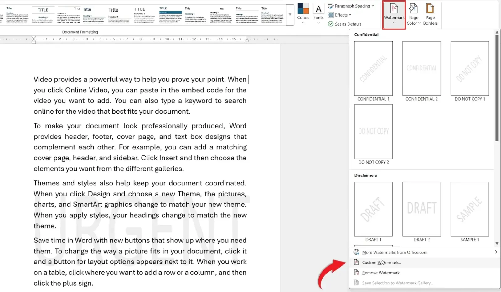 Microsoft Word custom watermark option highlighted in design tab showing watermark gallery and custom watermark selection