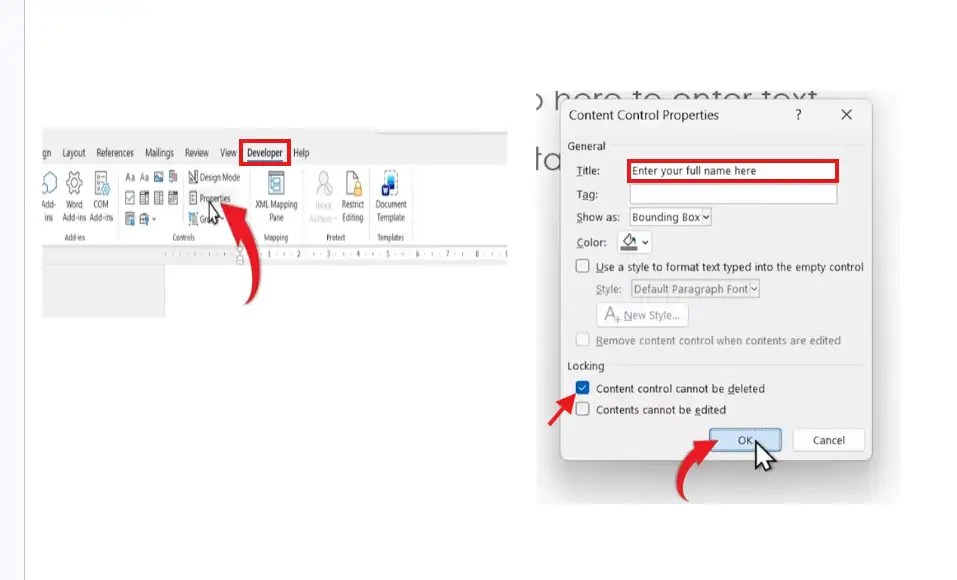 Customize content control properties in Microsoft Word Developer tab to create fillable form fields with titles and restrictions